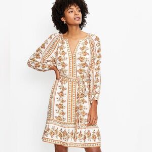 LOFT - Floral Stripe Split Neck Swing Dress